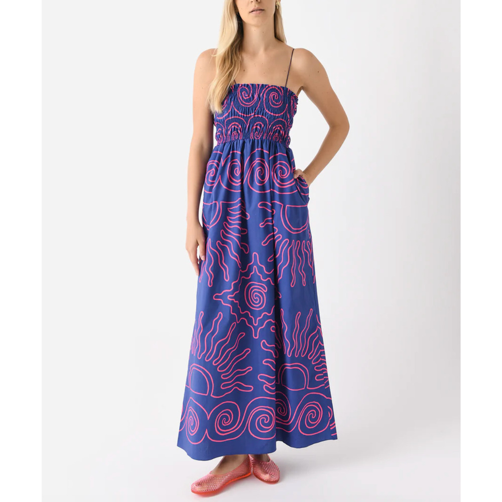 Cala de la Cruz Ossane Blue Pink Maxi Dress Womens Medium Smocked Organic Cotton